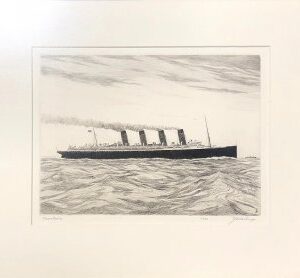 Wilson, J.A. Wilson. RMS Maurantania. Lithograph with c. 1909 photo of Lusitania