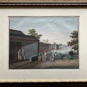 Chinese Export Watercolor (Packing Tea and Weaving Boxes) c. 1800-1810. Framed