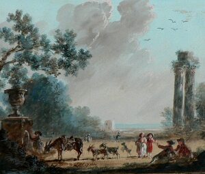 Louis-Gabriel Moreau. (Urn, ruins and figures in a landscape) Watercolor and gouache. 1784