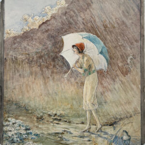 beautiful watercolor illustration of a woman dressed in 1920's clothing and hat taking shelter under an umbrella in a rainstorm