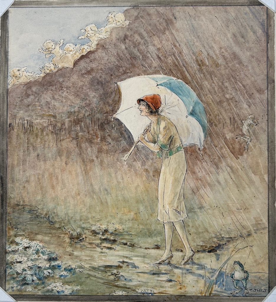 beautiful watercolor illustration of a woman dressed in 1920's clothing and hat taking shelter under an umbrella in a rainstorm