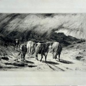 Peter Moran. A Passing Storm. Etching. 1884. Pencil signed
